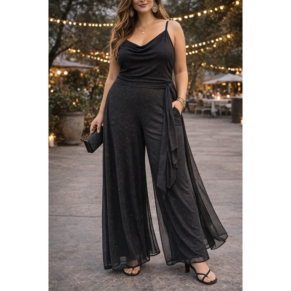 Onyx Nite Black Glitter Wide Leg Pants XL Wrap Tie Overlay Sheer Layer NWT